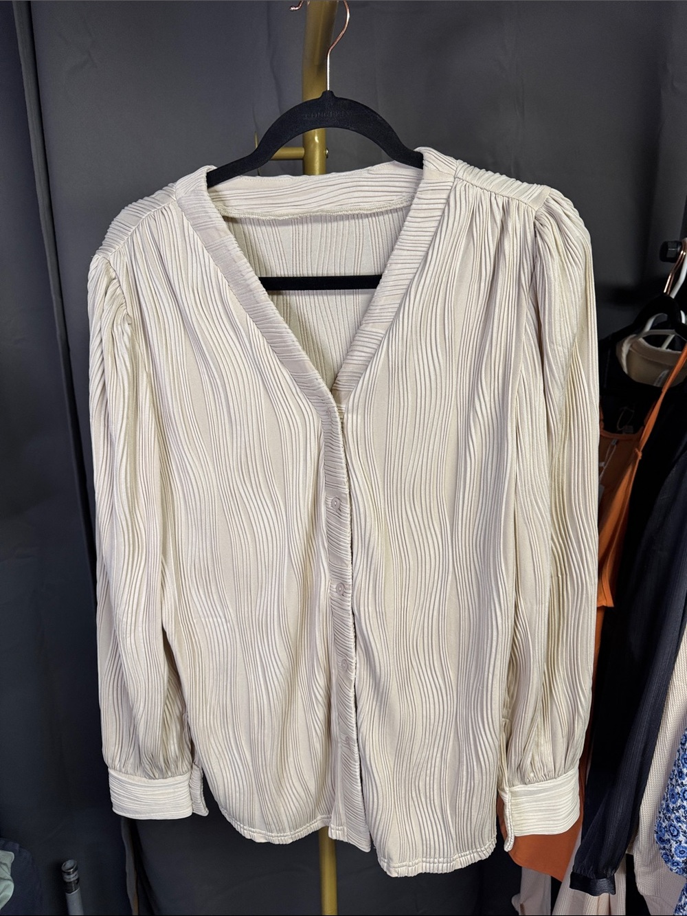 Women's Cream Textured V-Neck Button Front Top